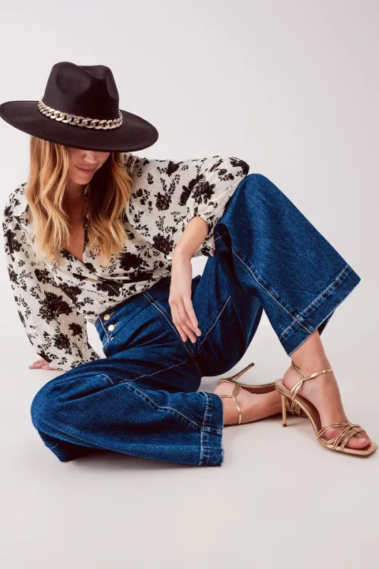Button Front Jean i Mid Blue